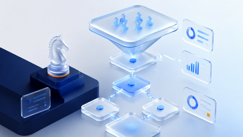 Изометричная стеклянная воронка CRM на светлой студии: этапы как плитки, без текста